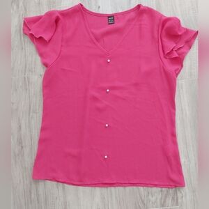 Fuchsia V-Neck Blouse with Ruffle Sleeves